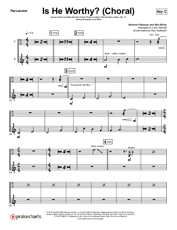 Is He Worthy (Choral Anthem SATB) Percussion (Andrew Peterson / Arr. Luke Gambill)