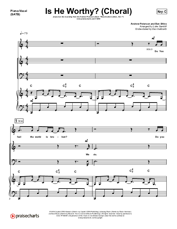 Is He Worthy (Choral Anthem SATB) Piano/Vocal (SATB) (Andrew Peterson / Arr. Luke Gambill)