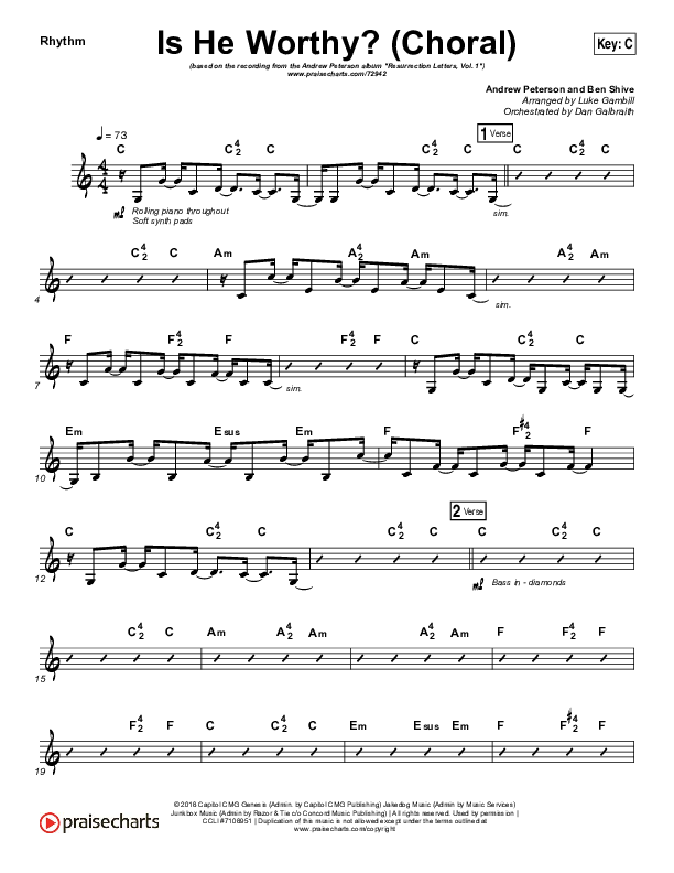 Is He Worthy (Choral Anthem SATB) Rhythm Chart (Andrew Peterson / Arr. Luke Gambill)