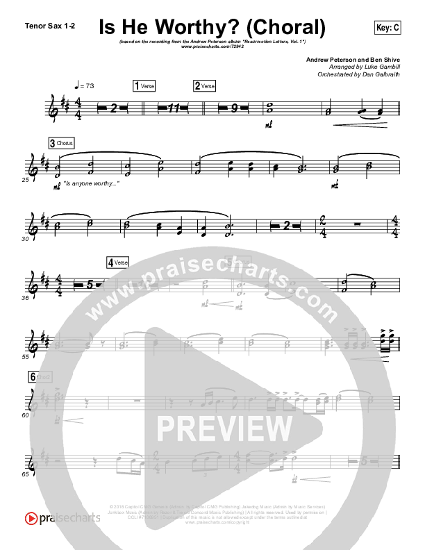Is He Worthy (Choral Anthem SATB) Tenor Sax 1,2 (Andrew Peterson / Arr. Luke Gambill)