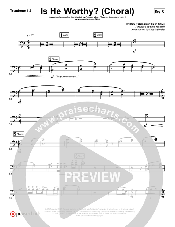 Is He Worthy (Choral Anthem SATB) Trombone 1/2 (Andrew Peterson / Arr. Luke Gambill)