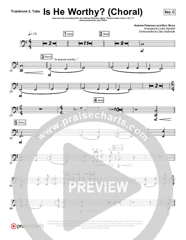 Is He Worthy (Choral Anthem SATB) Trombone 3/Tuba (Andrew Peterson / Arr. Luke Gambill)