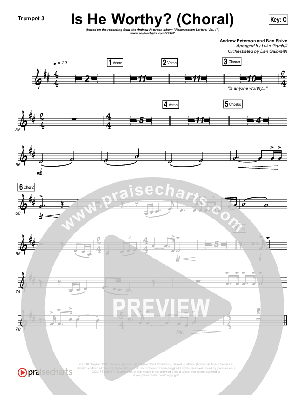 Is He Worthy (Choral Anthem SATB) Trumpet 3 (Andrew Peterson / Arr. Luke Gambill)