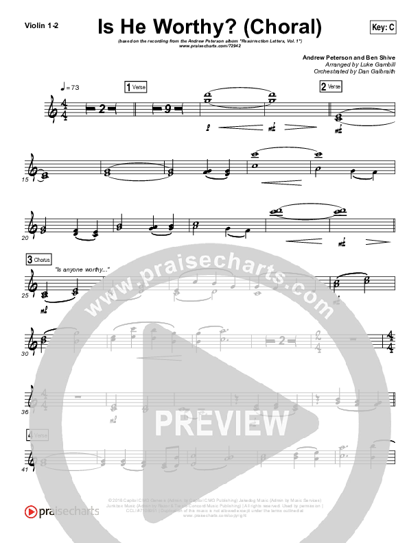 Is He Worthy (Choral Anthem SATB) Violin 1,2 (Andrew Peterson / Arr. Luke Gambill)