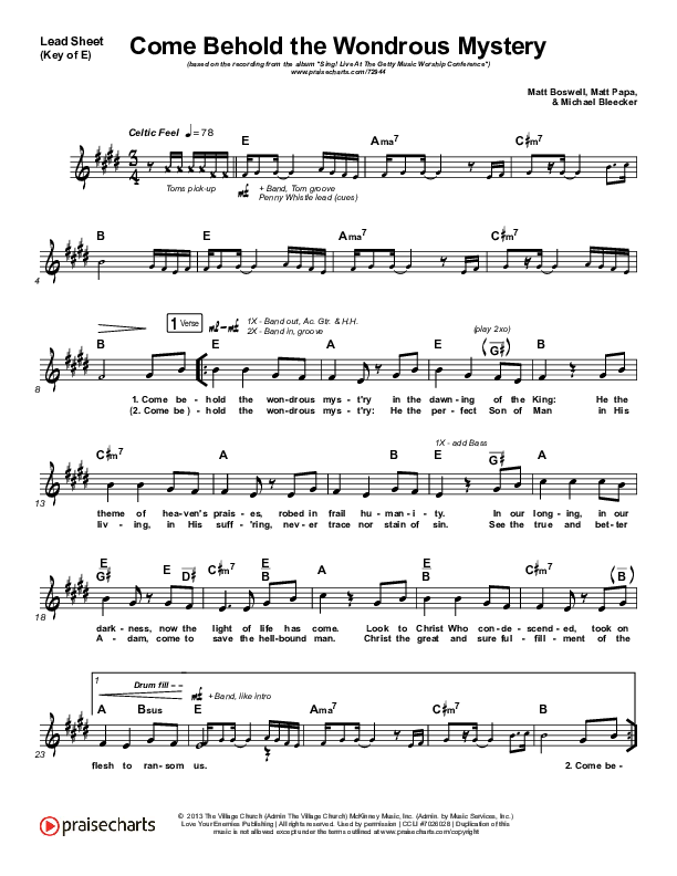 Come Behold The Wondrous Mystery Lead Sheet (Melody) (Keith & Kristyn Getty)