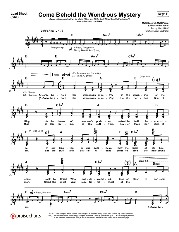 Come Behold The Wondrous Mystery Lead Sheet (SAT) (Keith & Kristyn Getty)