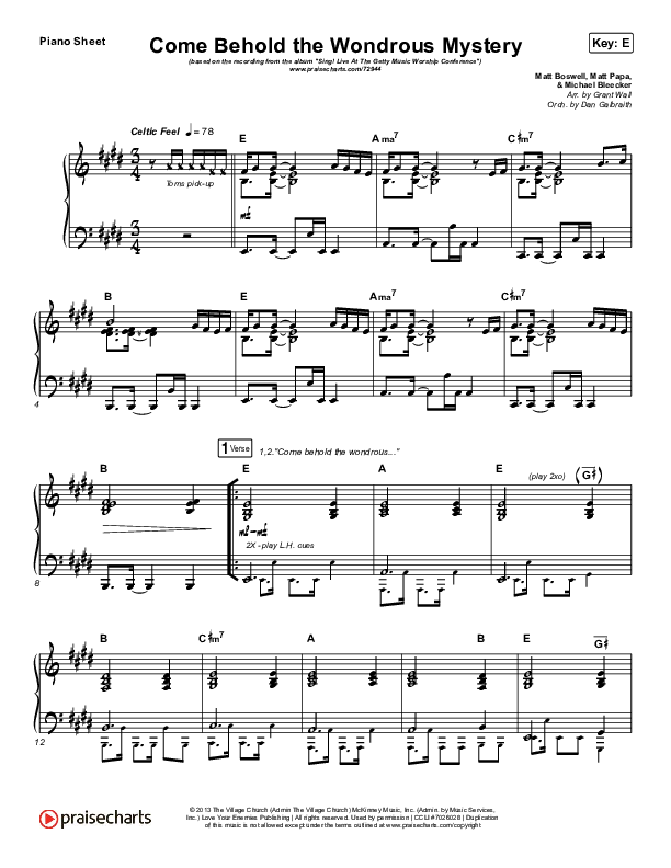 Come Behold The Wondrous Mystery Piano Sheet (Keith & Kristyn Getty)