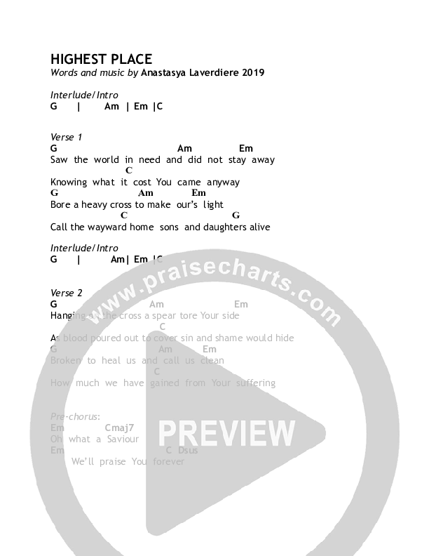 Highest Place Chords & Lyrics (Anastasya Laverdiere)