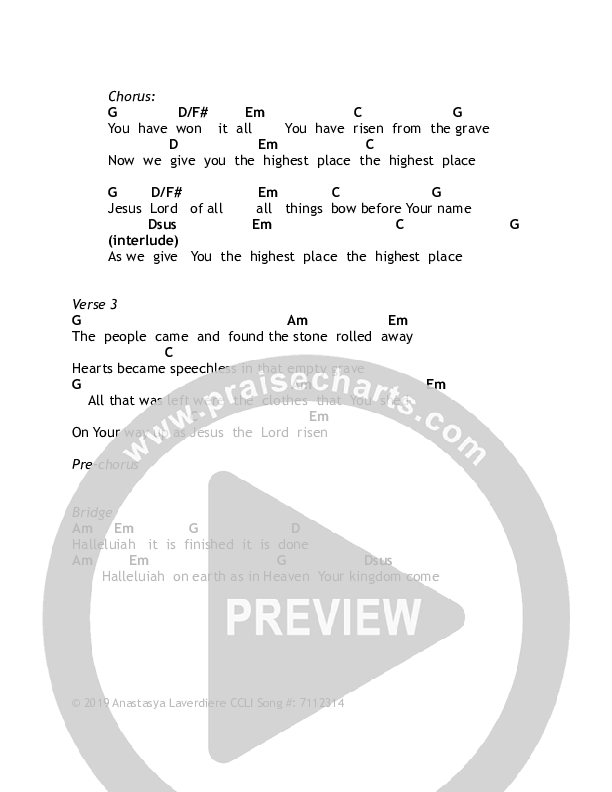 Highest Place Chords & Lyrics (Anastasya Laverdiere)