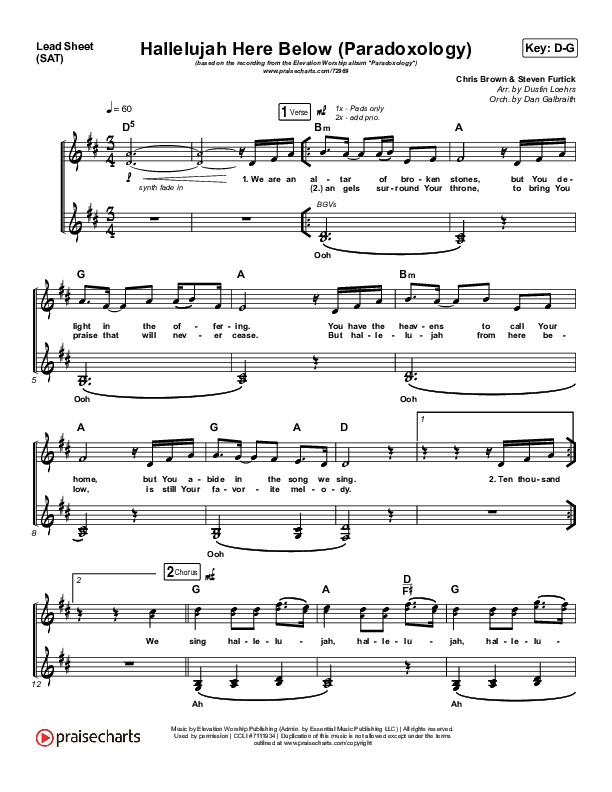 Hallelujah Here Below (Paradoxology) Lead Sheet (SAT) (Elevation Worship / Steffany Gretzinger)