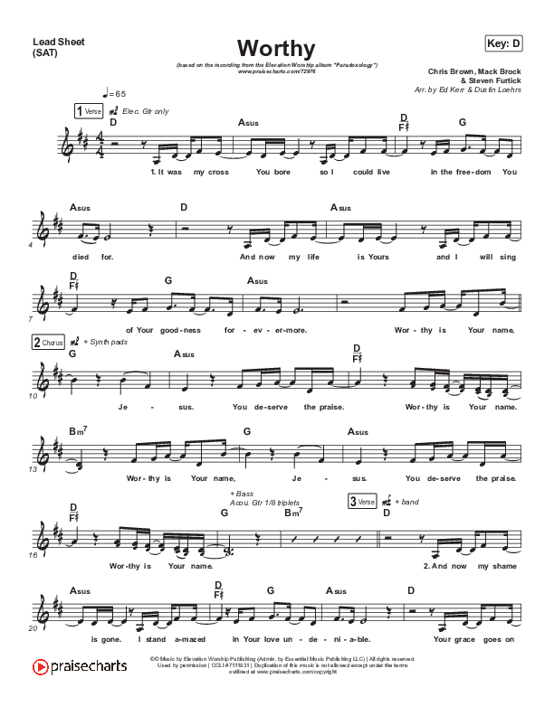 Worthy (Paradoxology) Lead Sheet (SAT) (Elevation Worship)