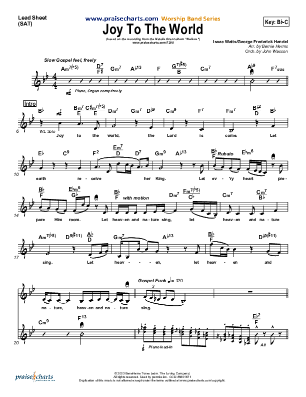 Joy To The World Lead Sheet (Natalie Grant)