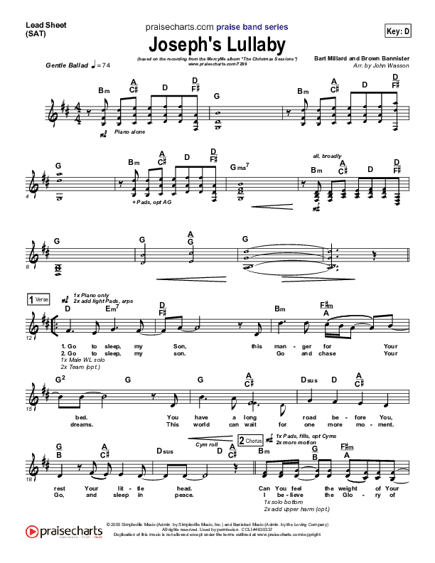 Joseph's Lullaby Lead Sheet (SAT) (MercyMe)