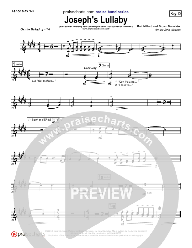 Joseph's Lullaby Tenor Sax 1/2 (MercyMe)