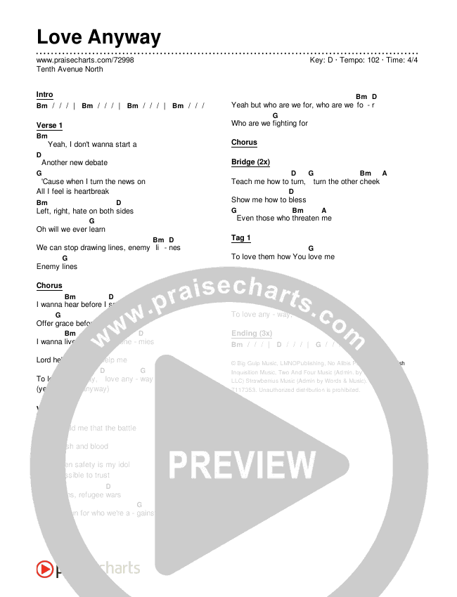 Love Anyway Chords & Lyrics (Tenth Avenue North)
