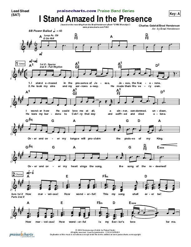 I Stand Amazed In the Presence Lead Sheet (Brad Henderson)