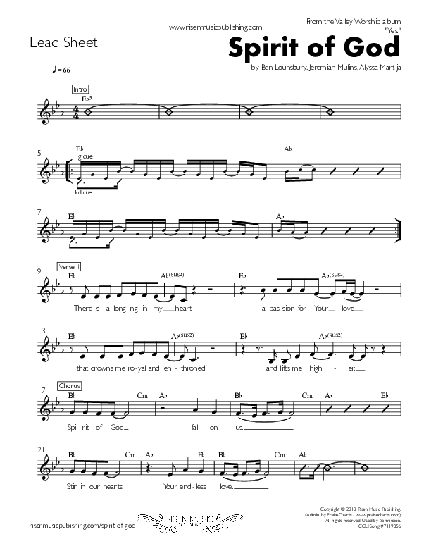 Spirit Of God Lead Sheet (Valley Worship)