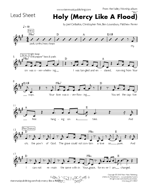 Holy (Mercy Like A Flood) Lead Sheet (Valley Worship)