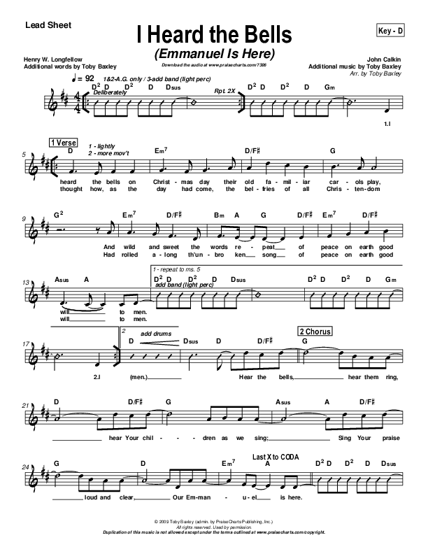 I Heard the Bells (Emmanuel Is Here) Lead Sheet (Toby Baxley)