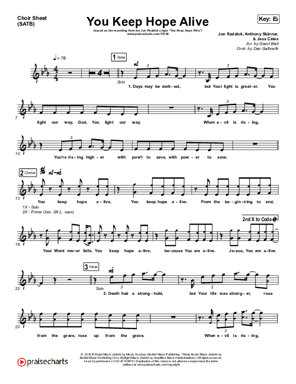 You Keep Hope Alive Choir Vocals (SATB) (Jon Reddick)