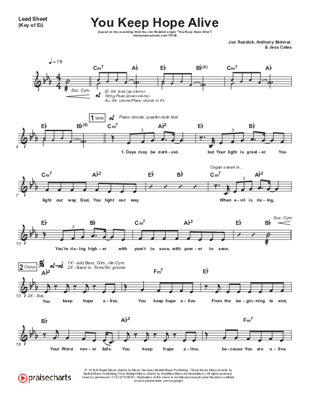 You Keep Hope Alive Lead Sheet (Melody) (Jon Reddick)