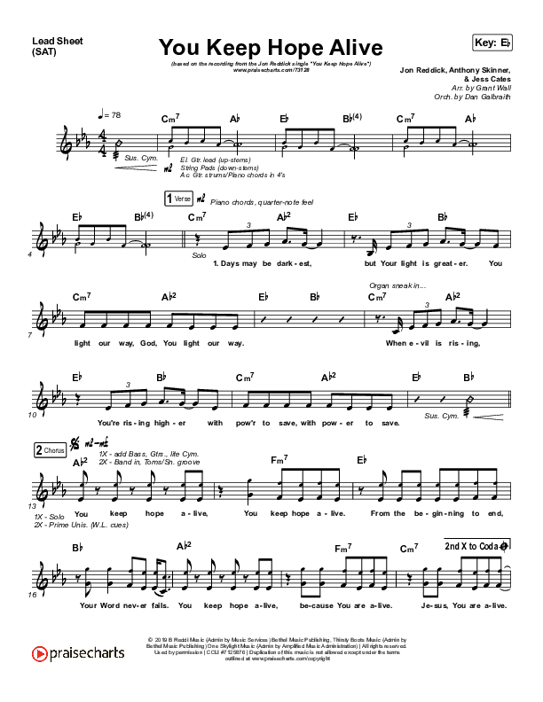 You Keep Hope Alive Lead Sheet (SAT) (Jon Reddick)