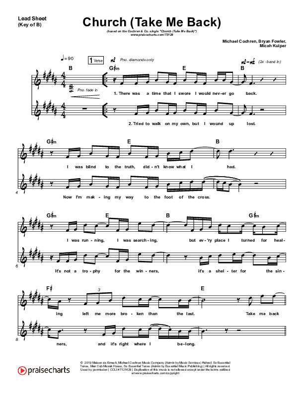 Church (Take Me Back) Lead Sheet (Melody) (Cochren & Co)