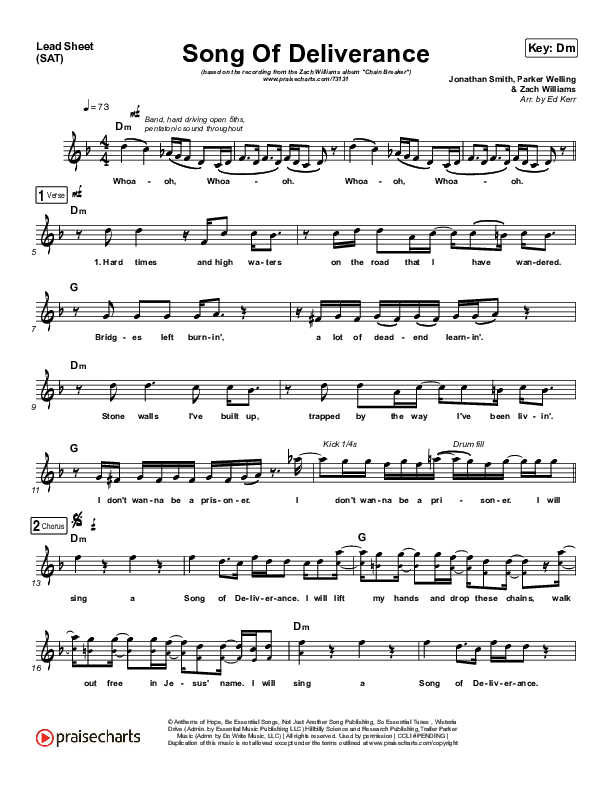 Song Of Deliverance Lead Sheet (SAT) (Zach Williams)