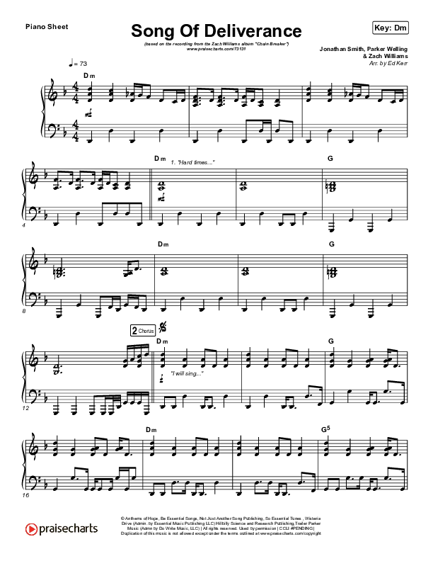Song Of Deliverance Piano Sheet (Zach Williams)