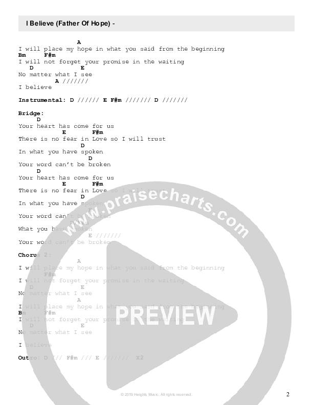 I Believe (Father Of Hope) Chords & Lyrics (Heights Music)
