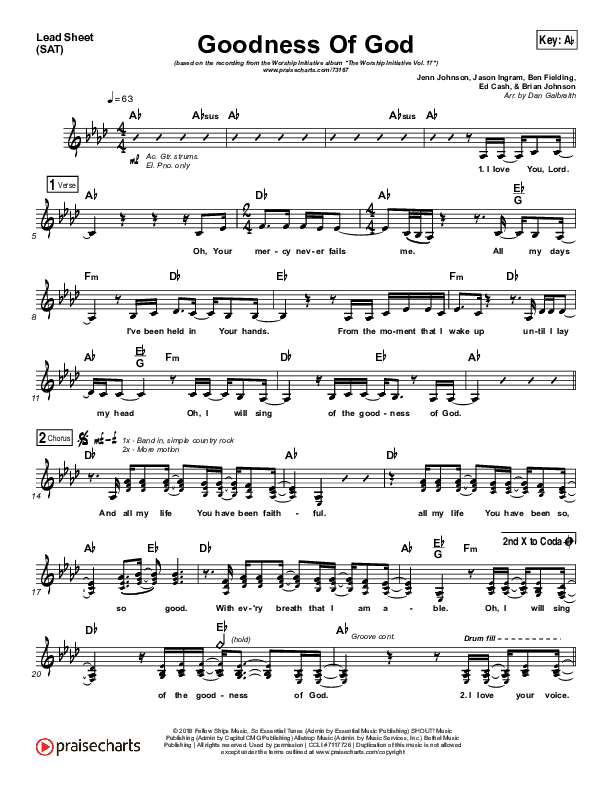 Goodness Of God Lead Sheet (SAT) (Shane & Shane/The Worship Initiative)