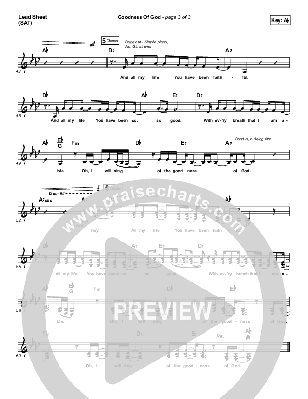 Goodness Of God Lead Sheet (SAT) (Shane & Shane/The Worship Initiative)