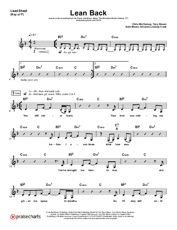 Lean Back Lead Sheet (Melody) (Shane & Shane/The Worship Initiative)