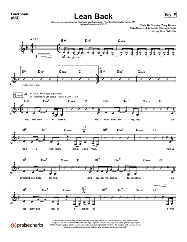Lean Back Lead Sheet (SAT) (Shane & Shane/The Worship Initiative)