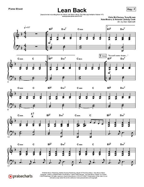 Lean Back Piano Sheet (Shane & Shane/The Worship Initiative)
