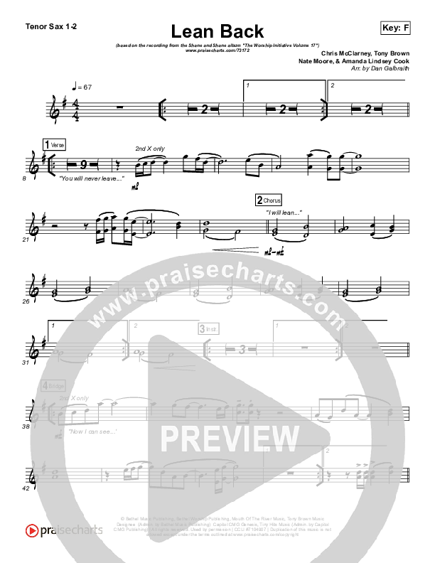 Lean Back Tenor Sax Sheet Music PDF (Shane & Shane/The Worship Initiative) PraiseCharts