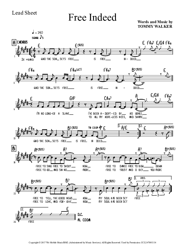 Free Indeed Lead Sheet (Tommy Walker)