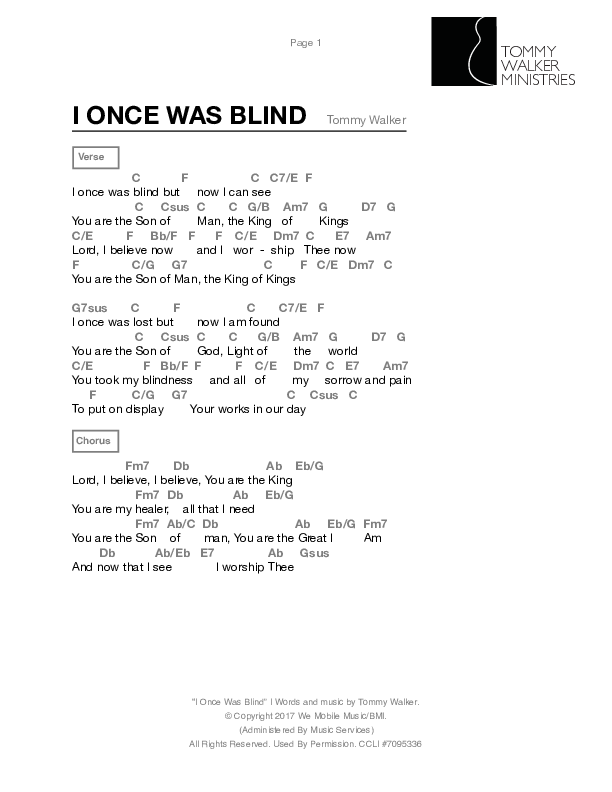I Once Was Blind Chords & Lyrics (Tommy Walker)