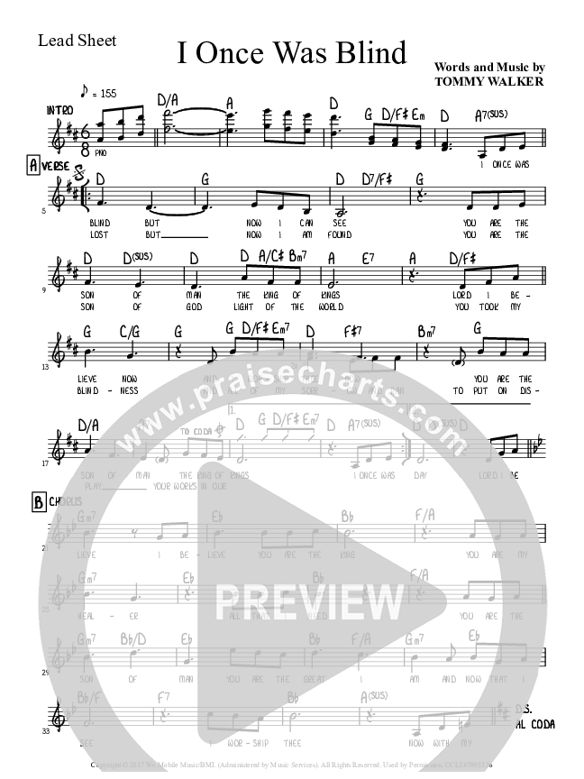 I Once Was Blind Lead Sheet (Tommy Walker)