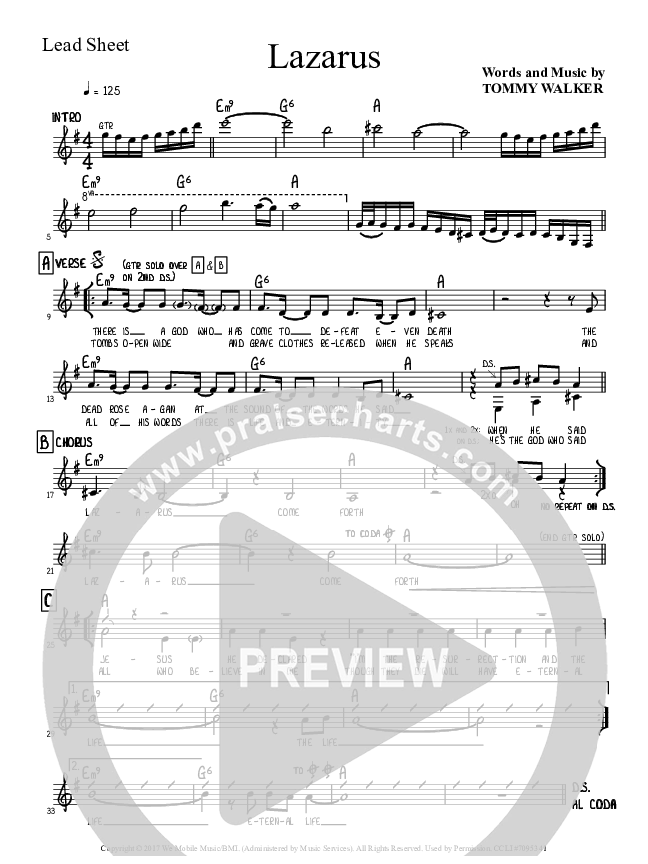 Lazarus Come Forth Lead Sheet (Tommy Walker)
