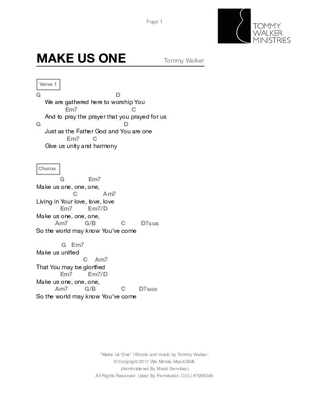 Make Us One Chords & Lyrics (Tommy Walker)