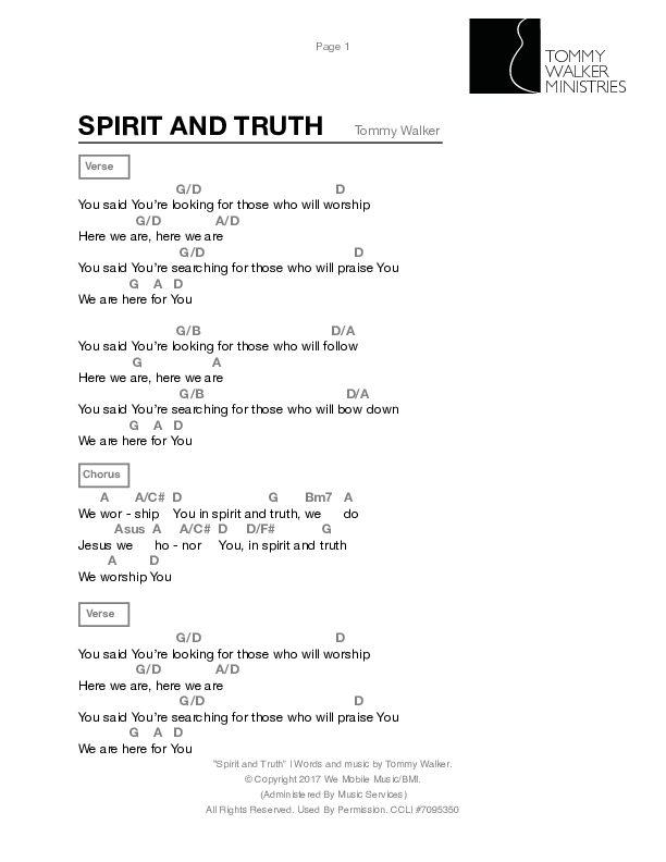 Spirit And Truth Chords & Lyrics (Tommy Walker)