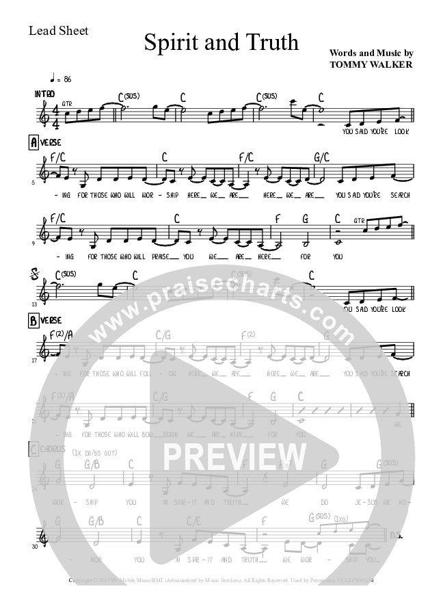 Spirit And Truth Lead Sheet (Tommy Walker)