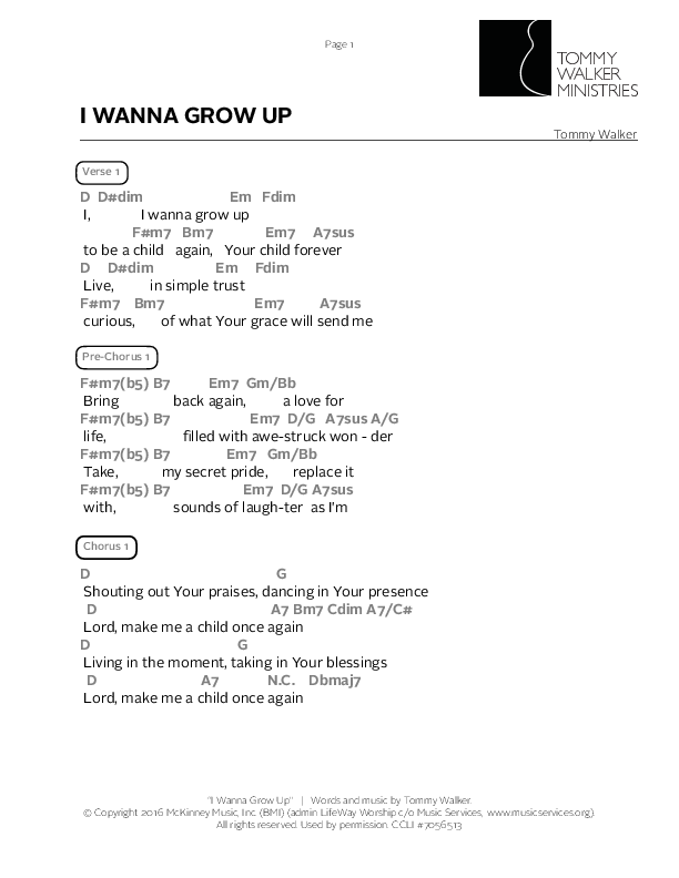 I Wanna Grow Up Chords & Lyrics (Tommy Walker)