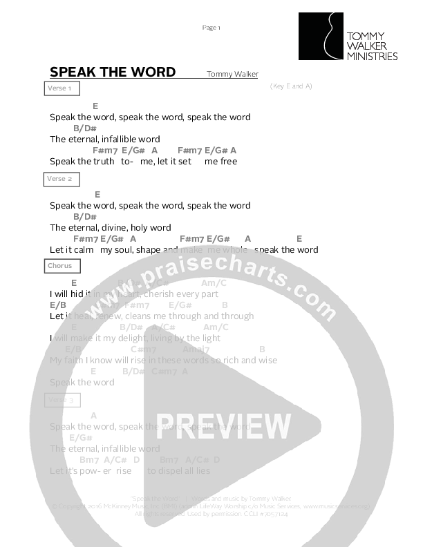 Speak The Word Chord Chart (Tommy Walker)