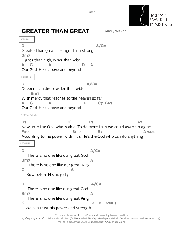 Greater Than Great Chord Chart (Tommy Walker)