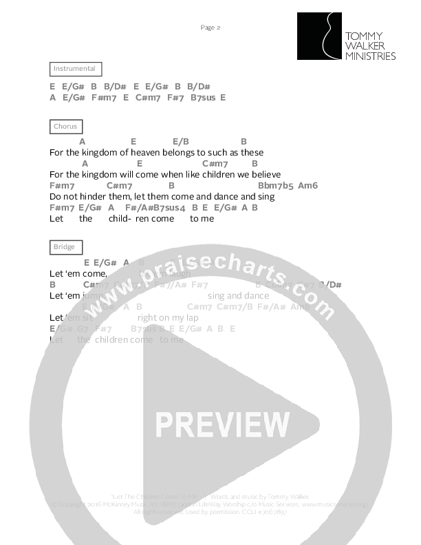 Let The Children Come To Me Chords & Lyrics (Tommy Walker)