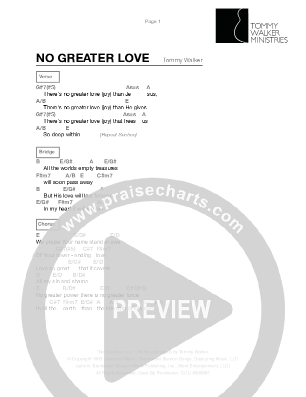 No Greater Love Chords & Lyrics (Tommy Walker)
