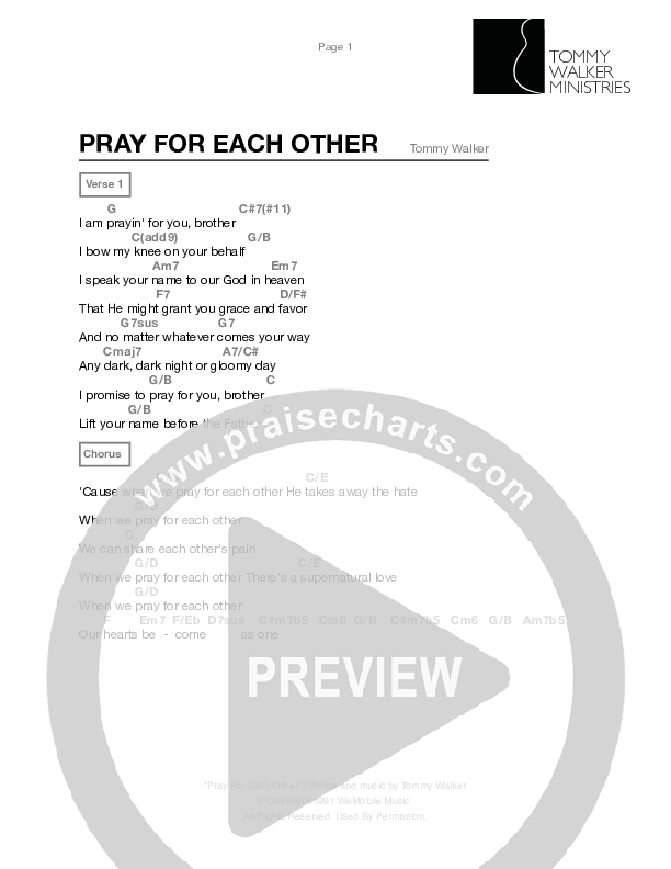 Pray For Each Other Chords & Lyrics (Tommy Walker)