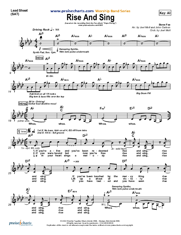 Rise And Sing Lead Sheet (SAT) (FEE Band)